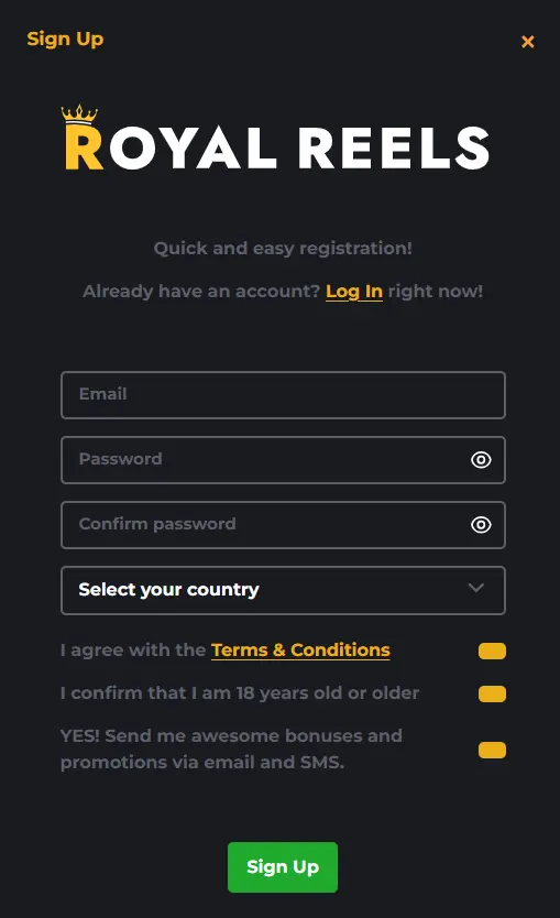 Royal Reels casino sign up form for quick and easy new player registration.