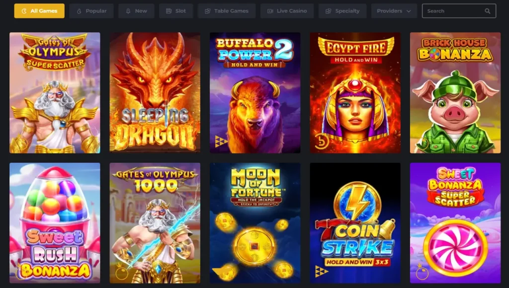 A screenshot of the Royal Reels casino page showing a variety of slot games and search filters.