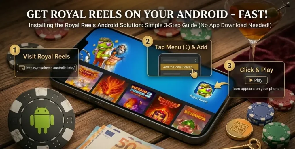 Three-step guide on a mobile screen for quickly adding a Royal Reels shortcut to an Android phone without downloading an app.
