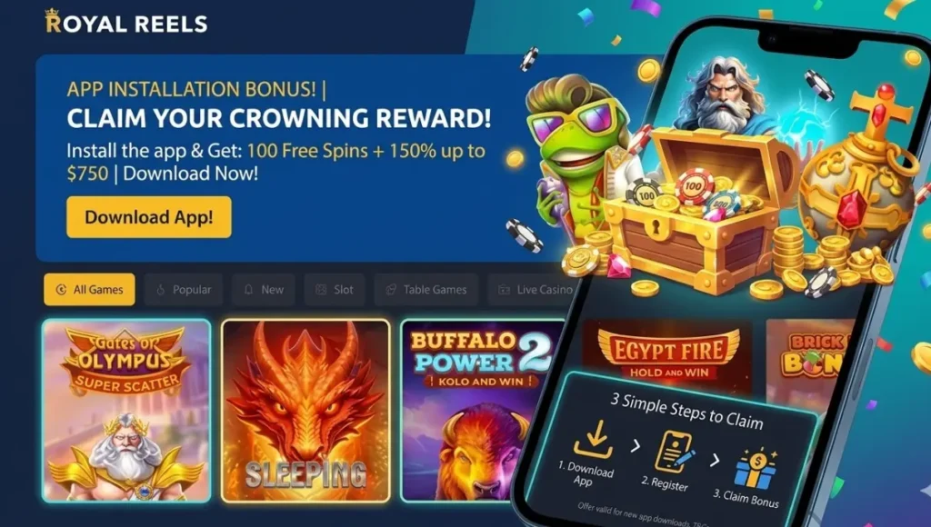 Promotional banner with text and character images promoting an app installation bonus of 100 free spins and a 150% match for 'Royal Reels' in a casino context to encourage app downloads and player registration.