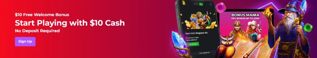 Promotional banner featuring a wizard character and a $10 free no-deposit welcome bonus offer for Royal Reels, providing key information on entry-level incentives to attract new players to the platform.
