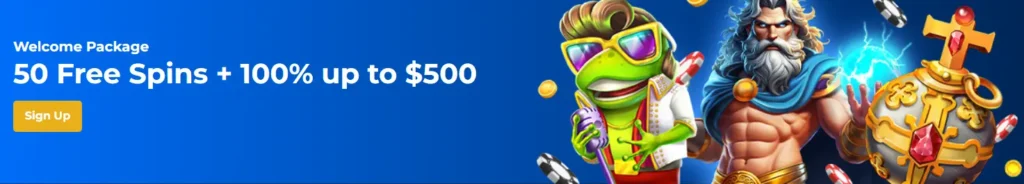 Promotional welcome package banner featuring 50 free spins and a 100% deposit bonus up to $500, displayed with various game characters to highlight initial sign-up incentives for new players.