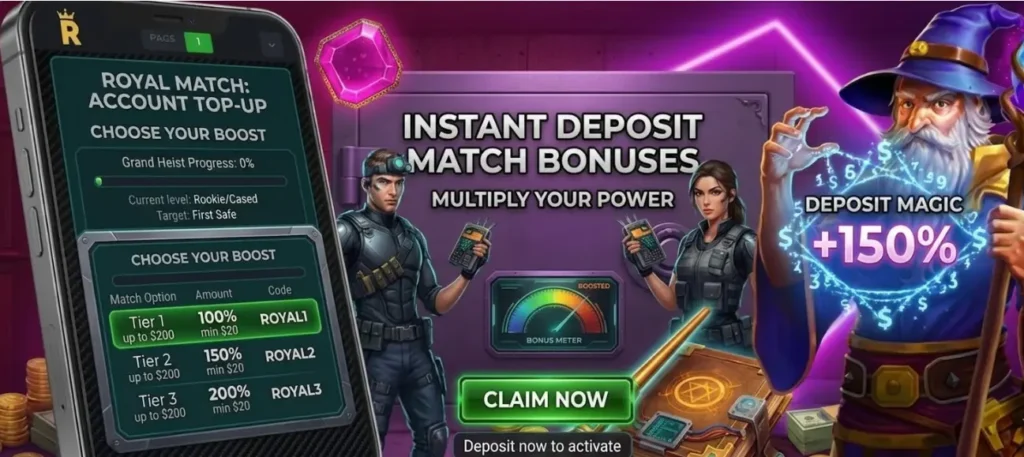 A promotional banner featuring a wizard character and tiered deposit match bonuses up to 200%, displayed alongside a mobile interface to explain the mechanics of bankroll-boosting incentives for Royal Reels players.