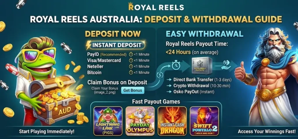 An infographic guide detailing deposit and withdrawal options for Royal Reels Australia, presented with game characters and estimated processing times to help players understand the platform's banking efficiency and payout procedures.