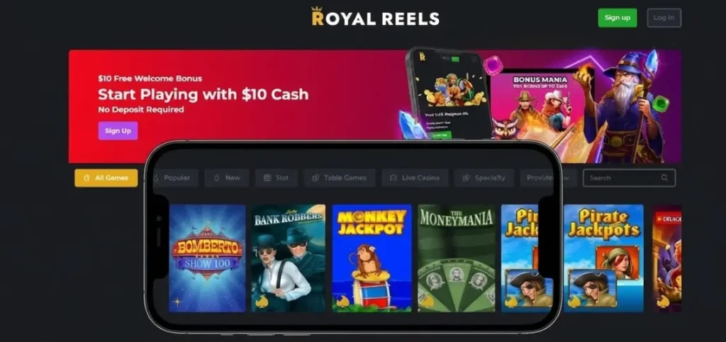 Royal Reels homepage featuring a $10 welcome bonus and a diverse game library including Monkey Jackpot, set within the context of the platform's user interface to illustrate key benefits for new Australian players.