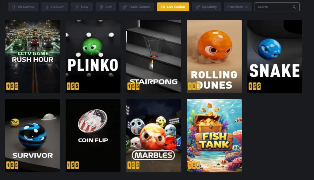 A grid display of various specialty games like Plinko and Fish Tank, shown within the Royal Reels live casino library to demonstrate the diversity of interactive gaming options available for players.