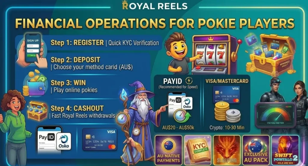 An infographic illustrating the four-step Royal Reels financial process from registration to cashout, displayed within a guide to player operations to clarify deposit methods like PayID and expected withdrawal procedures for Australian users.