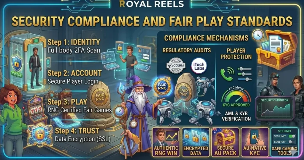 An infographic outlining Royal Reels security protocols from identity verification to data encryption, presented as a compliance guide to demonstrate the platform's commitment to fair play and player protection standards for Australian users.