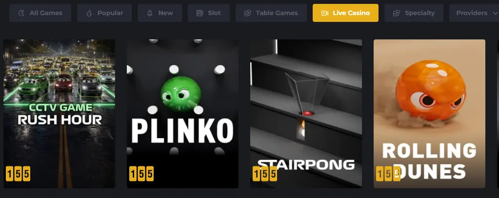 A grid display of various specialty games including Rush Hour and Plinko, shown within the Royal Reels Live Casino interface to highlight the diverse range of interactive gaming options available to Australian players.