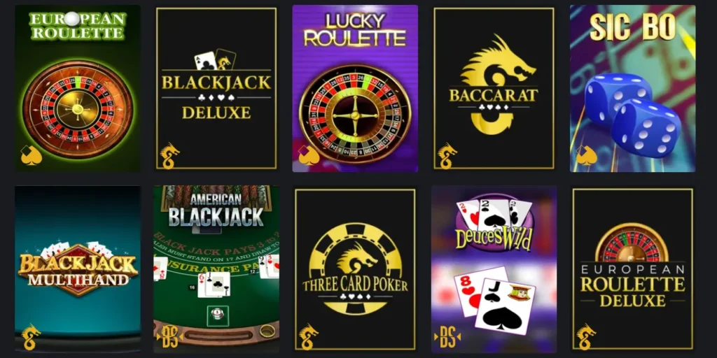 A grid display of various table games including European Roulette, Blackjack Deluxe, and Baccarat, shown within the Royal Reels game library to demonstrate the wide selection of classic casino titles available for Australian players.