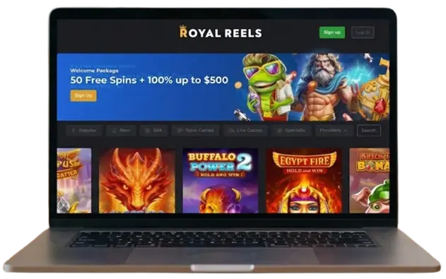 Laptop displaying Royal Reels casino homepage with 50 Free Spins bonus.