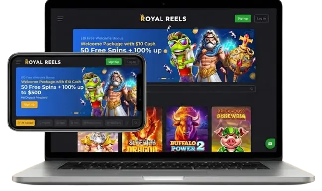Laptop and smartphone showing Royal Reels casino homepage.