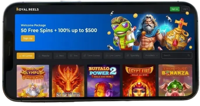 A horizontal smartphone screen displays the Royal Reels mobile casino interface, showing a welcome bonus banner and a selection of popular slot game titles.