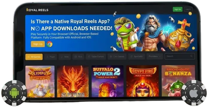 Close-up of a smartphone displaying the Royal Reels mobile casino website, surrounded by casino chips with Android and Apple logos. This visual clarifies the casino's lack of native apps and compatibility with Android and iOS devices for mobile gambling in Australia.